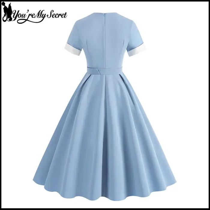 [You're My Secret] Robe vintage bleue pour femme des années 1950, style Hepburn, à manches courtes, coupe évasée, tenue décontractée pour les vacances, vêtements d'été 2026