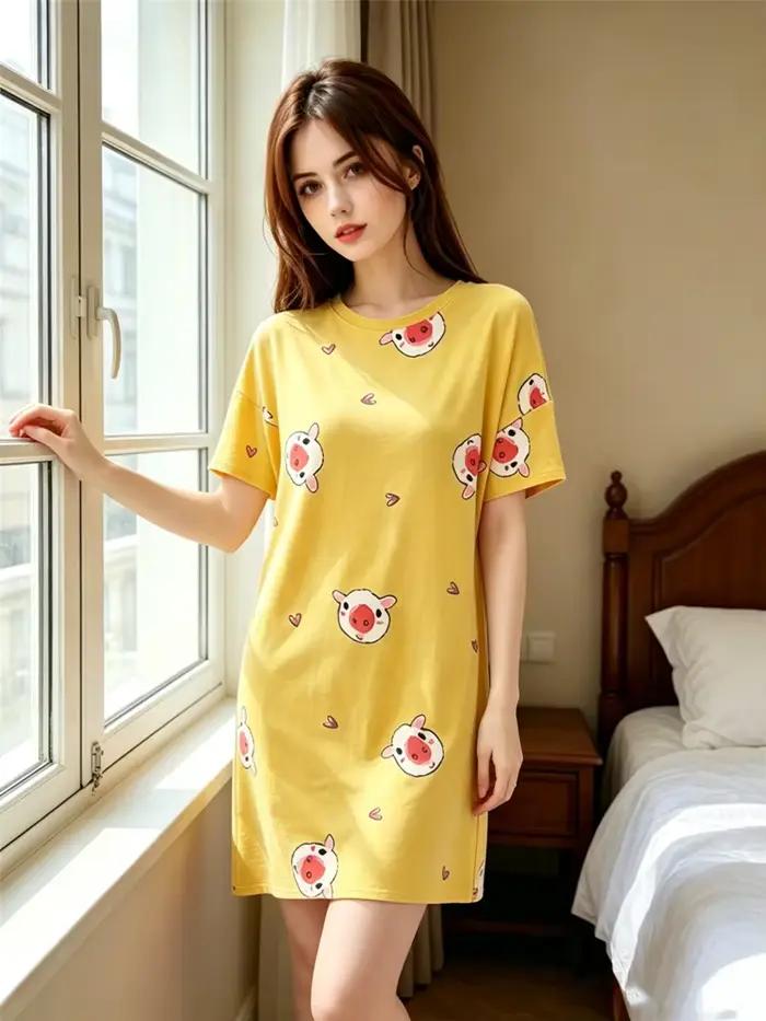 Chemise de nuit décontractée pour femme, douce et mignonne, motif lapin, pour toutes les saisons (printemps et été), vêtement décontracté pour la maison