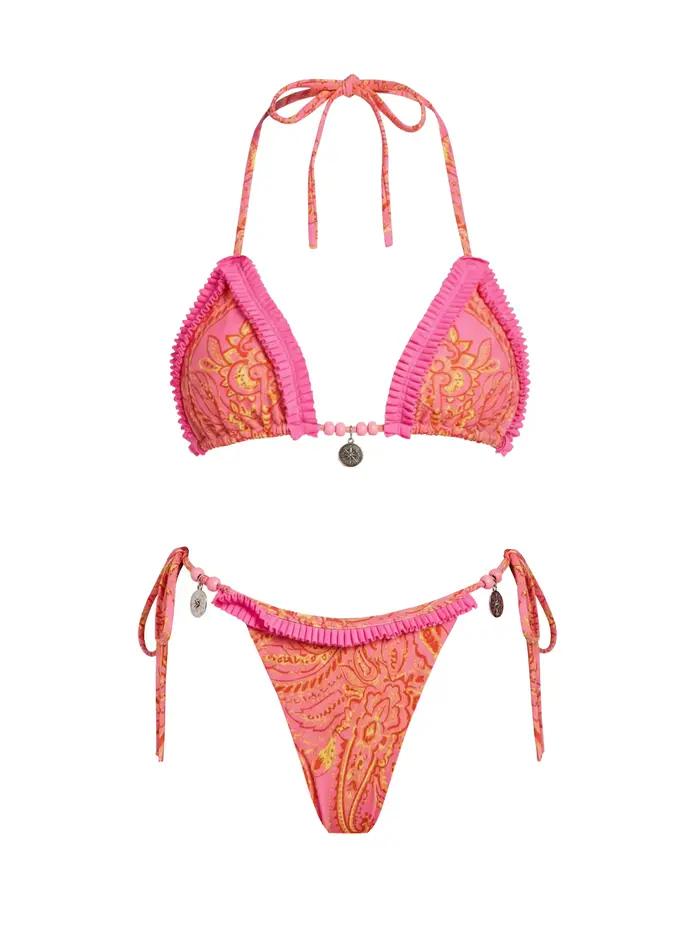 Ensemble bikini rose sexy à motif cachemire 2026 – Haut dos nu perlé avec pendentif métallique