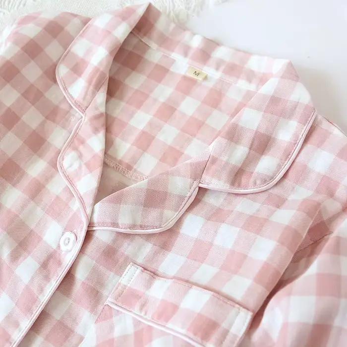 Ensemble pyjama pour femmes en coton pur, style japonais à carreaux, double couche de gaze, léger et respirant pour le printemps et les soirs frais