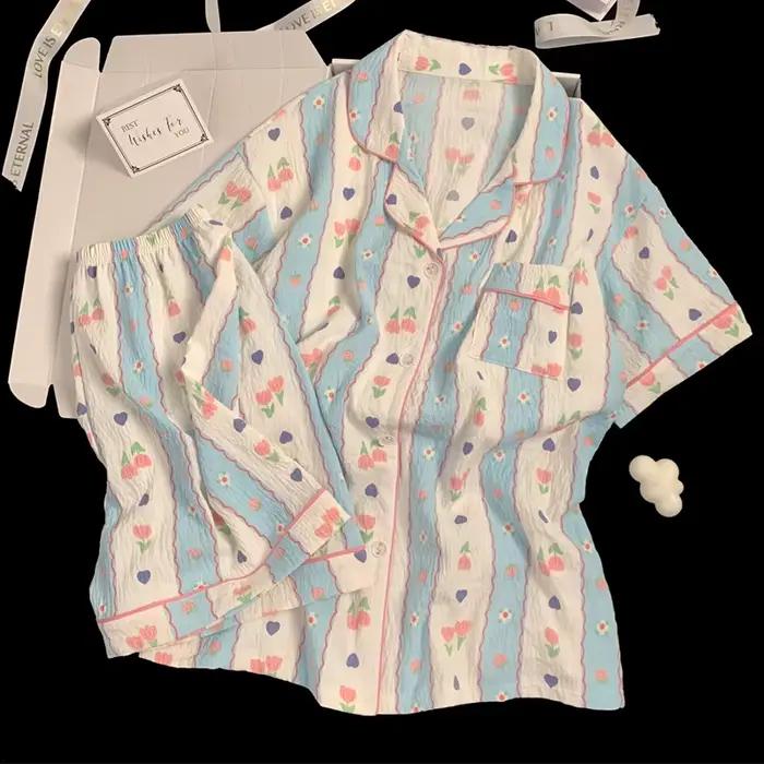 Nouvelle collection printemps/été : pyjamas à rayures de style campagnard pour femmes – ensemble trois pièces à manches courtes pour se détendre à la maison