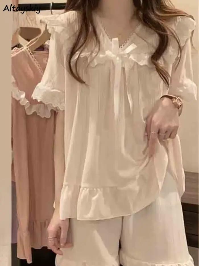 Pyjama ensembles femmes dentelle doux nœud princesse ample maison 5 couleurs mode tendre décontracté été Style japonais Vintage vêtements de nuit Chic