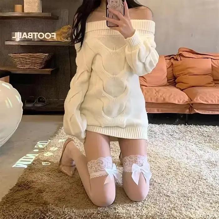 Collants et bas pour femmes et filles, sexy, noirs, avec bordure en dentelle, motif papillon blanc, pour soirée et boîte de nuit