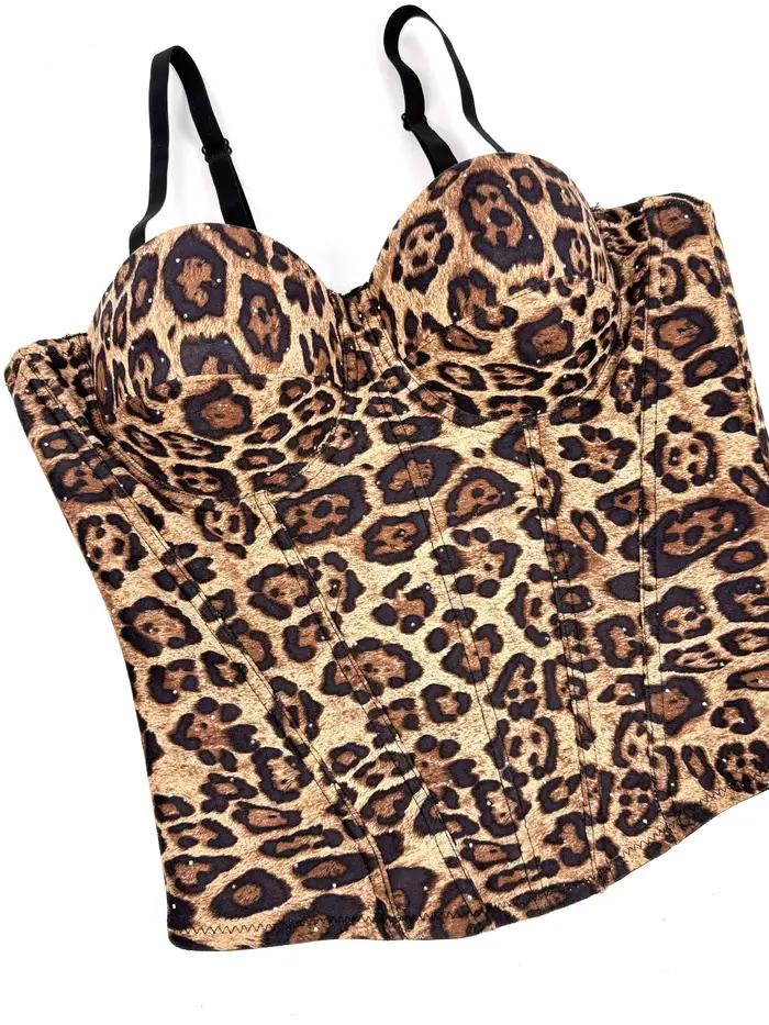 Sexy Crop Top Bustier Imprimé Léopard avec Pierres Thermocollées pour Femme, Idéal Soirées et Événements