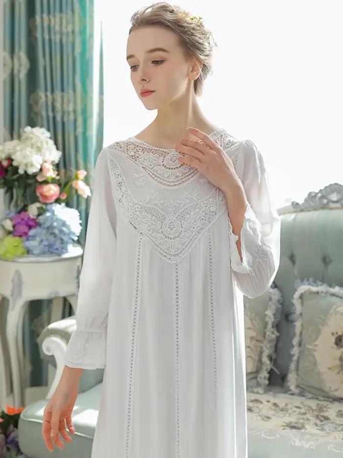 Femmes pur coton volants col en v Vintage chemise de nuit Robe longue