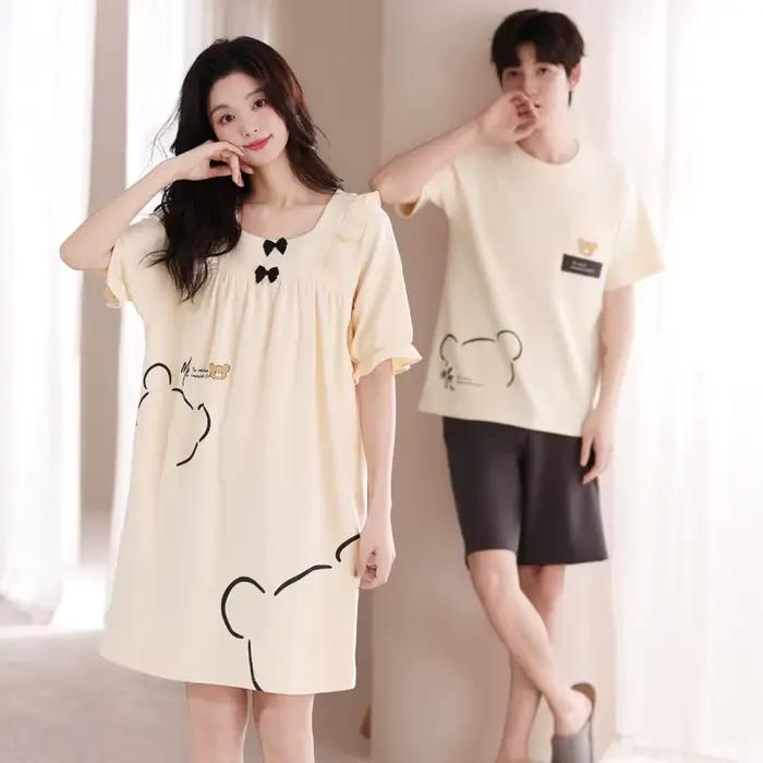 Couple pyjama ensemble été mignon dessin animé Pyjamas hommes à manches courtes Pijamas 100% coton femmes chemise de