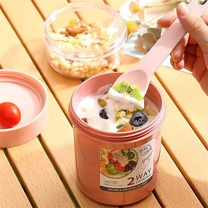 Boîte à bento pour salade, flocons d'avoine, petit-déjeuner, double compartiment pour céréales, noix, yaourt, avec support pour sauce et fourchette, pour la préparation des repas