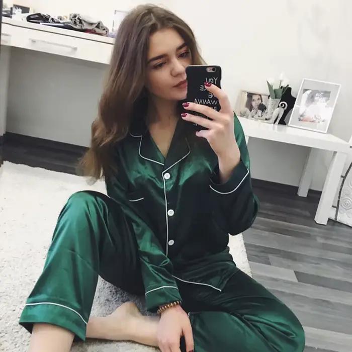 Injhomewear-Pyjama en satin à manches longues pour femmes