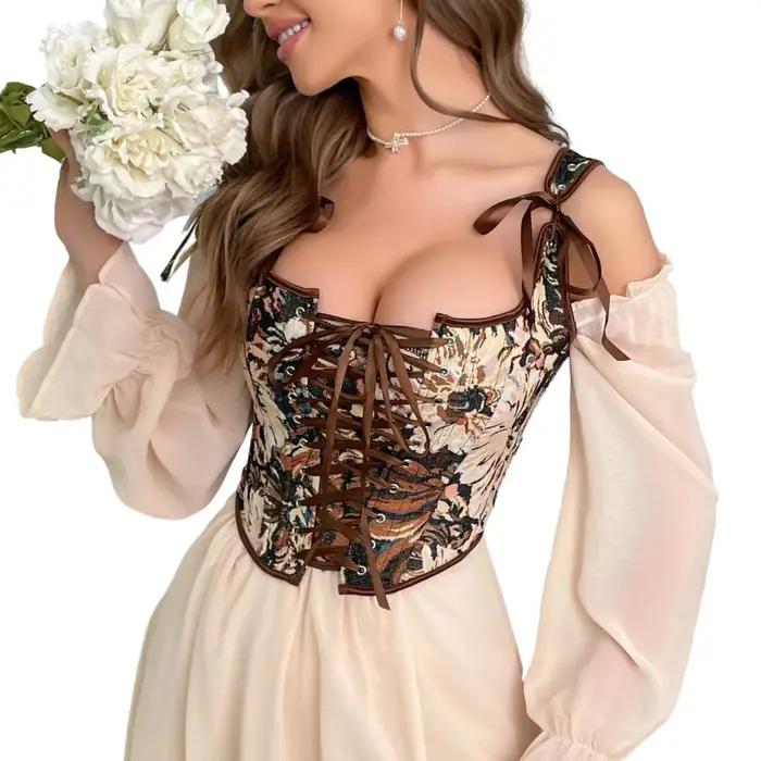 Bustier à lacets à motif de fleurs jacquard pour femmes