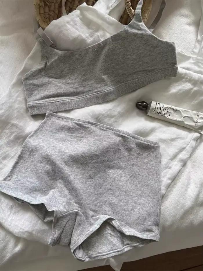 Ensemble de lingerie vintage en coton pour femme : soutien-gorge sans couture à bretelles ajustables + culotte boxer taille basse, couleur unie, simple, haute élasticité