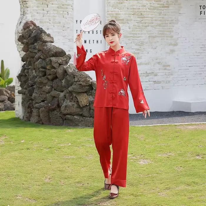 Pritning fleur chinois pyjamas ensemble de sommeil chemise pantalon col montant vêtements de nuit 2 pièces broderie