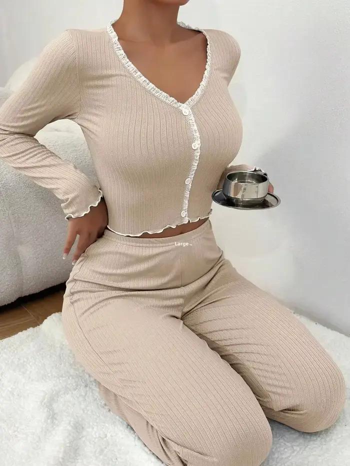 2 pièces Pyjamas ensemble femmes automne hiver vêtements de nuit manches longues t-shirts hauts pantalon femme tricot