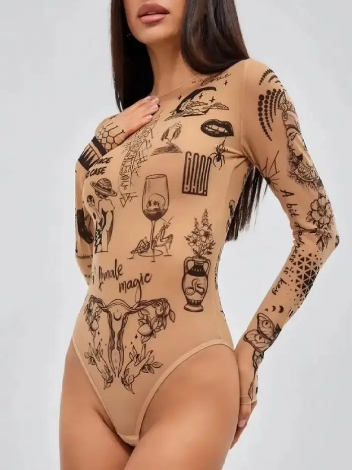 Body à manches longues imprimé tatouage nude pour femme, coupe ajustée Y2K
