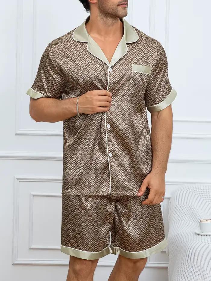 Ensemble pyjama imprimé à carreaux pour hommes, haut à revers à manches courtes et Short élastique, confortable, parfait pour les vêtements de nuit d'été, vêtements de détente