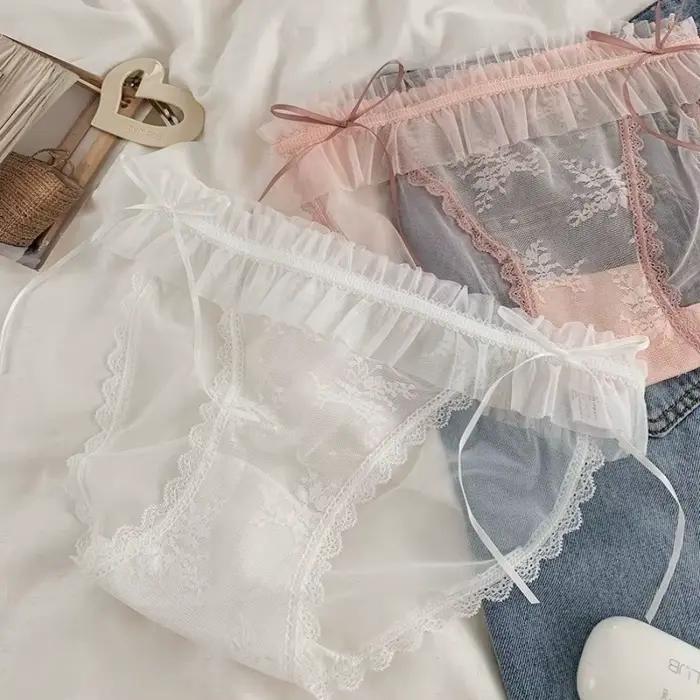 Culotte en dentelle taille mi-haute transparente avec nœud en maille et volants pour femme