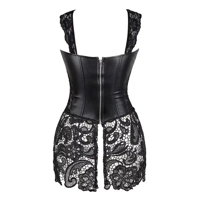 Steampunk Corset robe femmes gothique Sexy Faux cuir fermeture éclair Bustier dentelle jupe noir rouge Corselet Clubwear