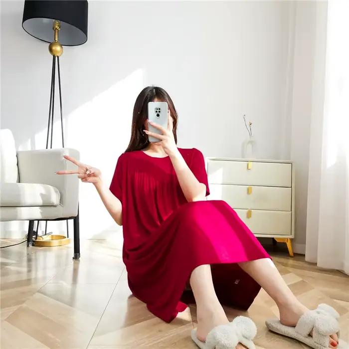 Net rouge nouveau Modal robe de nuit femmes printemps été chemises