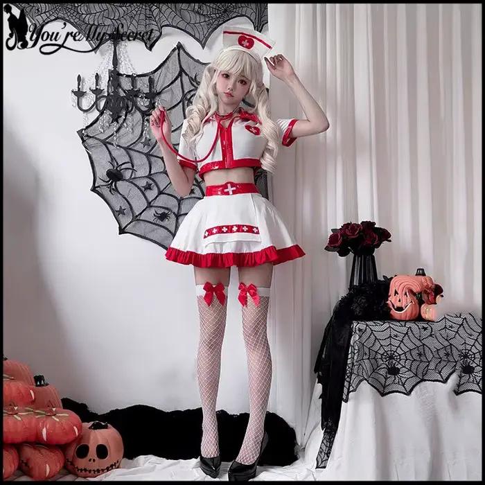 [You're My Secret] Costume de cosplay d'infirmière sexy pour femme, haut court blanc et rouge, mini-jupe, ensemble complet, déguisement d'infirmière pour Halloween et carnaval