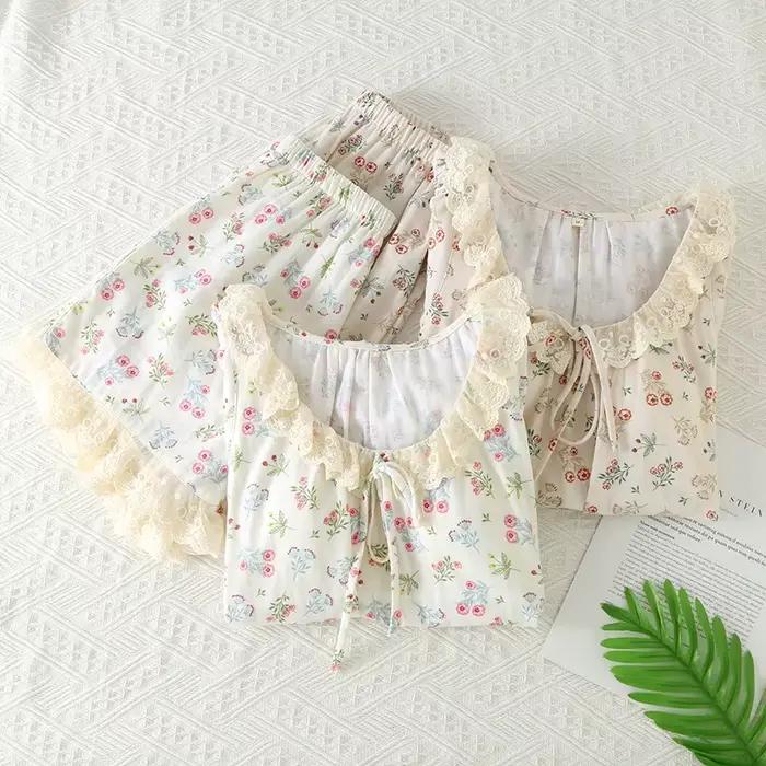 Pyjama en dentelle à manches courtes et col en v pour femmes, ensemble de sous-vêtements en pur coton, vêtements de nuit fins et amples pour dormir, été