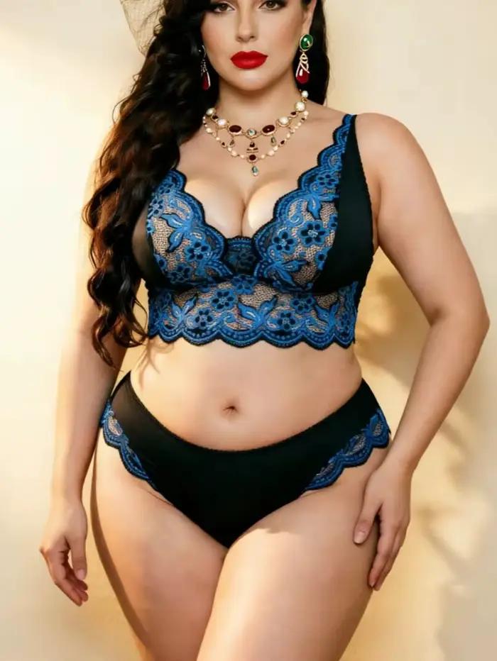 Ensemble de lingerie sexy en dentelle noire et bleue pour femmes grandes tailles avec broderie florale - Culotte et bralette à bretelles réglables