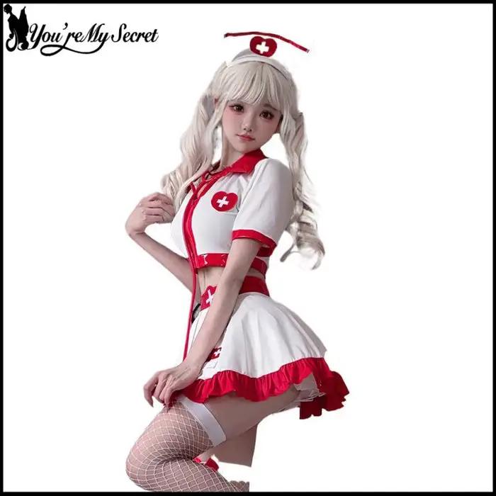 [You're My Secret] Costume de cosplay d'infirmière sexy pour femme, haut court blanc et rouge, mini-jupe, ensemble complet, déguisement d'infirmière pour Halloween et carnaval