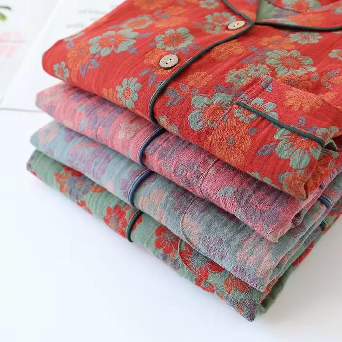 Pyjama Jacquard teint en fil pour femme, costume, pantalon à manches longues, 2 pièces, 100% coton, crêpe, vêtements de maison, automne/hiver 2025