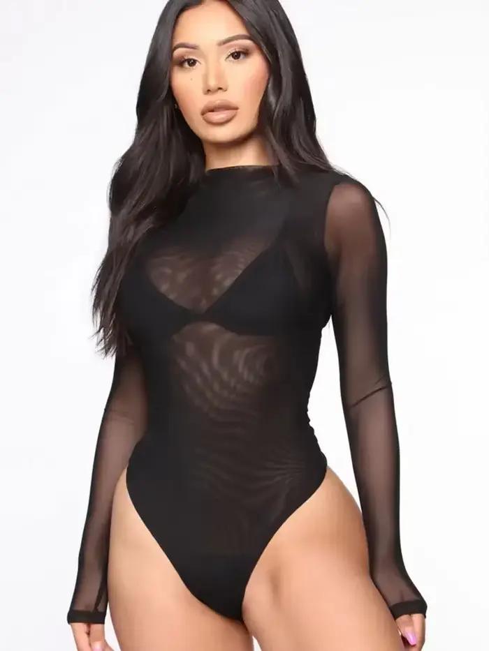 Sexy Transparent noir corps femme maille mince Body haut pour dames voir à travers