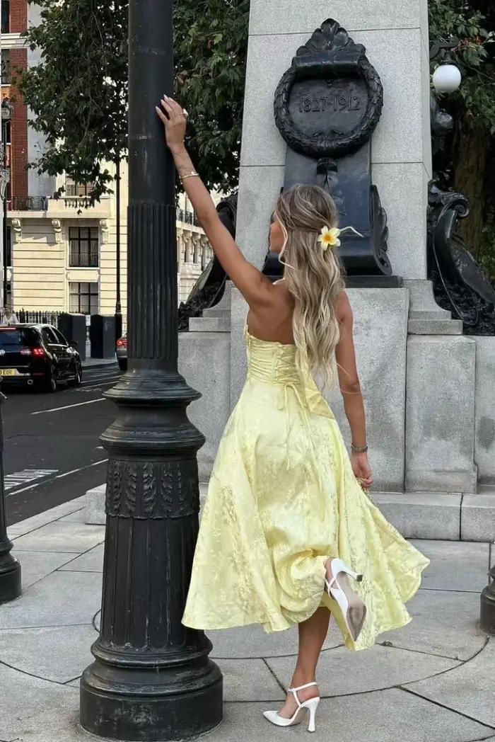 Robe longue Corset en Jacquard jaune pour femmes