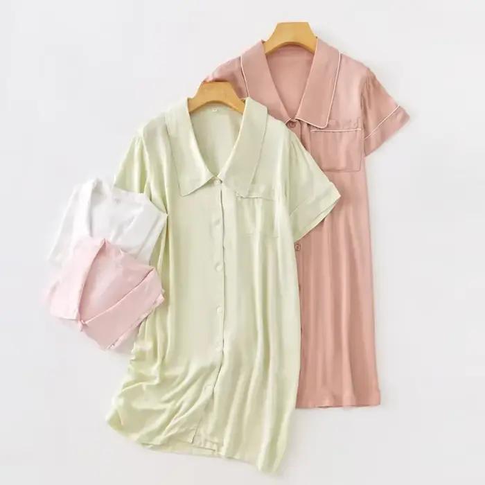 Robe de Nuit Mi-Longue à Manches Courtes et Col Rabattu pour Femme