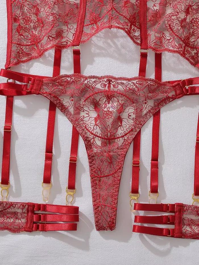 Ensemble soutien-gorge et jarretière en dentelle transparente sexy pour femmes, lingerie de nuit érotique et élégante pour occasions spéciales