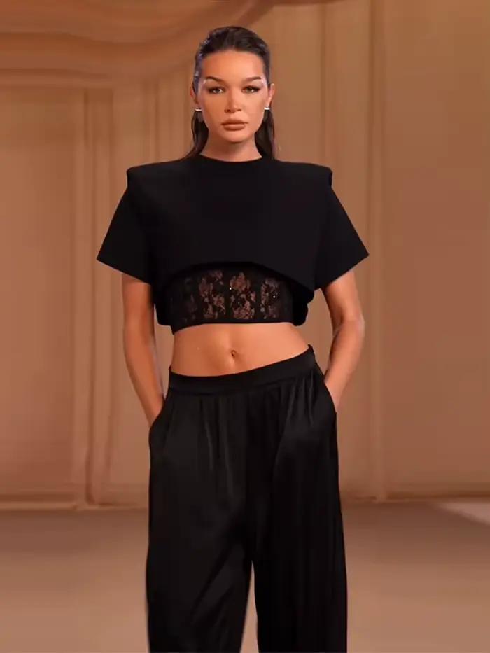 Nouvel ensemble 2 pièces sexy pour femme : Corset court à patchwork de dentelle