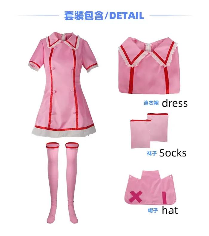 Costume de cosplay Vocaloid Anime, robe d'infirmière rose pour femme, uniforme avec chapeau et chaussettes, costumes de fête d'Halloween, robe mignonne, perruque, chaussettes, tenue