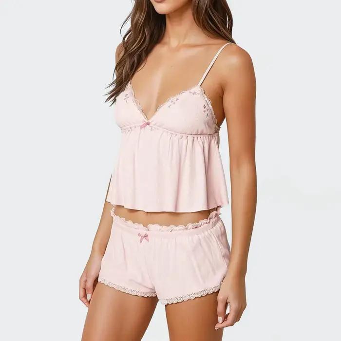 Gaono Ensemble pyjama d'été pour femme élégant avec bordure en dentelle brodée et short