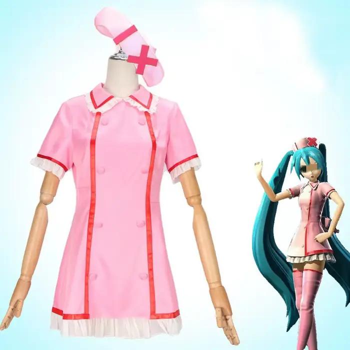Costume de cosplay Vocaloid Anime, robe d'infirmière rose pour femme, uniforme avec chapeau et chaussettes, costumes de fête d'Halloween, robe mignonne, perruque, chaussettes, tenue