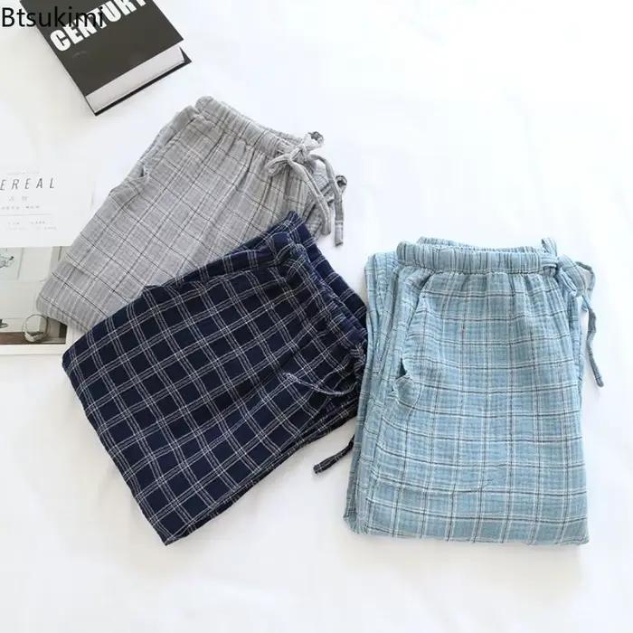 Bas de sommeil japonais pour hommes, pantalon de pyjama à carreaux en treillis Simple, fil de coton 100%, vêtements de maison, taille élastique, nouvelle collection 2026