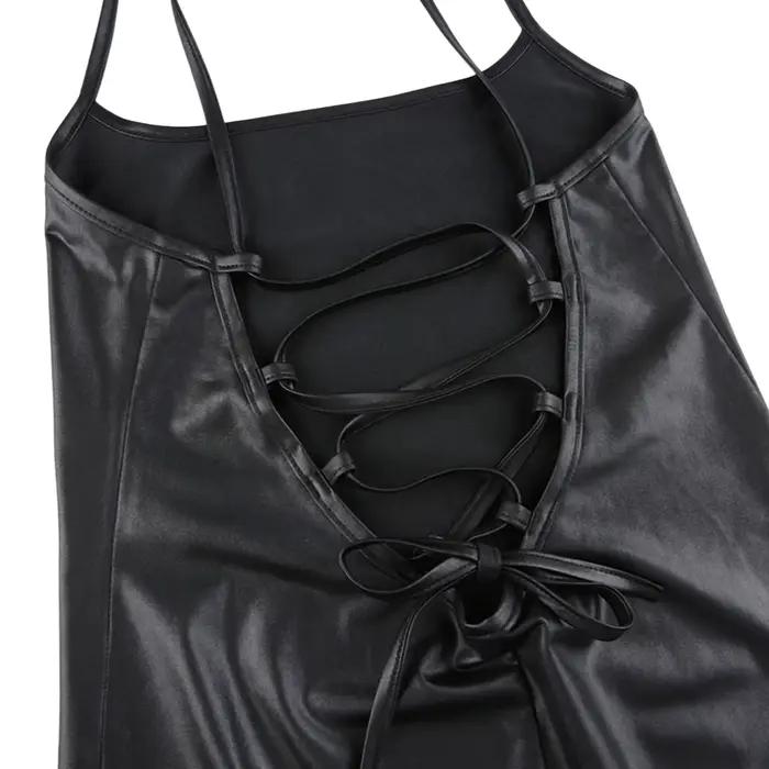 Femmes Sexy jarretelle mi-longue robe moulante mode couleur unie en cuir pansement dos nu maigre robe fendue pour femme Mujer