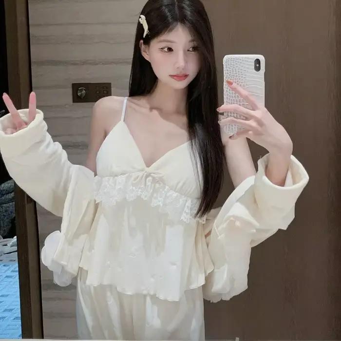 Island Velvet Women's Pajamas 3Pcs Set Loungewear Elegant Sexy Lace Trim Sleepwear Pijamas Suit Loose Casual Home Clothes Pyjama