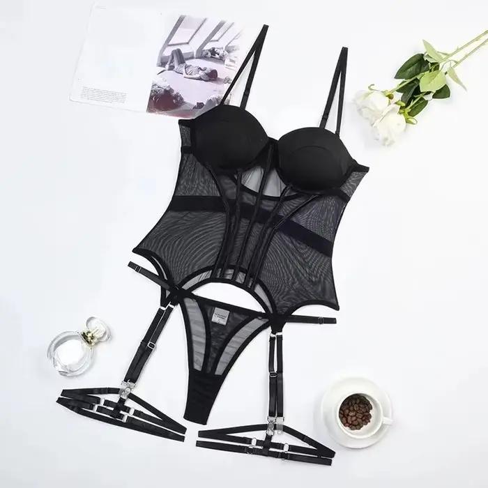 Ensemble de lingerie en maille 3 pièces de luxe pour femme avec body dos nu et collection de robes sexy à jarretelles