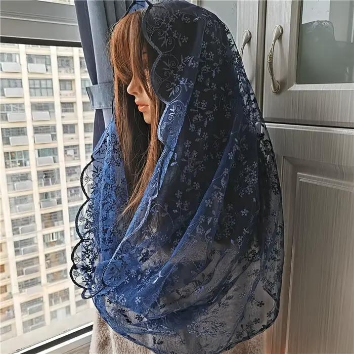 Manille à fleurs brodées bleu marine pour femmes, couvre-tête, motif Floral infini, chapelle en Tulle, cadeau catholique, Vintage, masse espagnole
