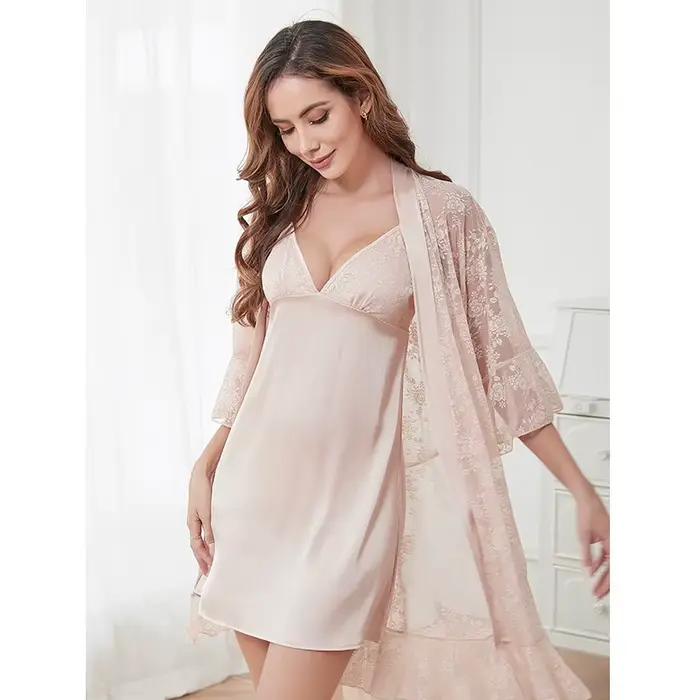 New Spring Summer Nighty For Wife Suspender Lace Nightdress Sexy Sleepwear Bathrobe Sets Two Piece Lingeries Women Nightgowns