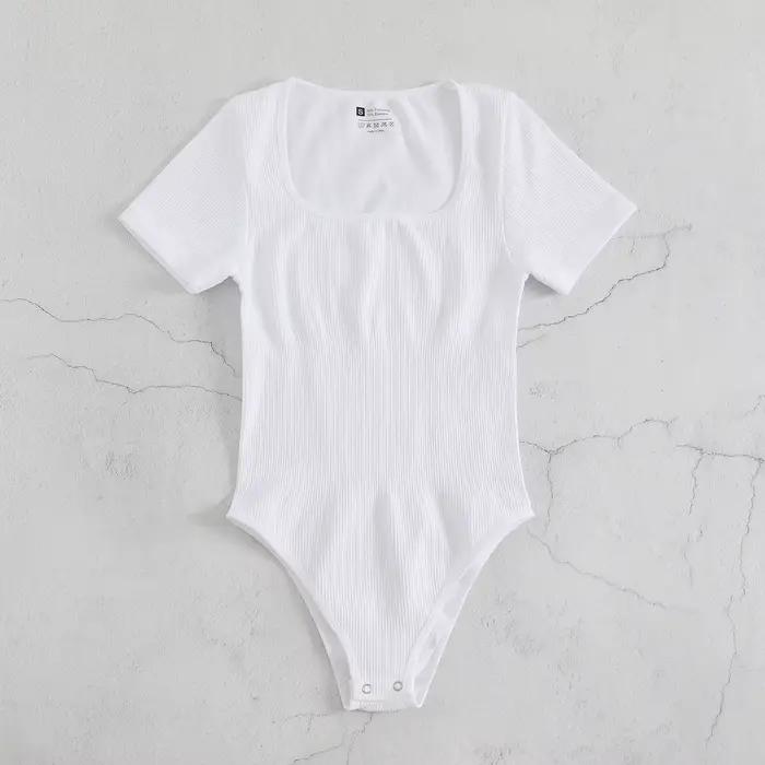 BornToGirl Combinaison moulante sexy pour femme, noire et blanche, une pièce, unie, slim, à manches courtes, style Y2K