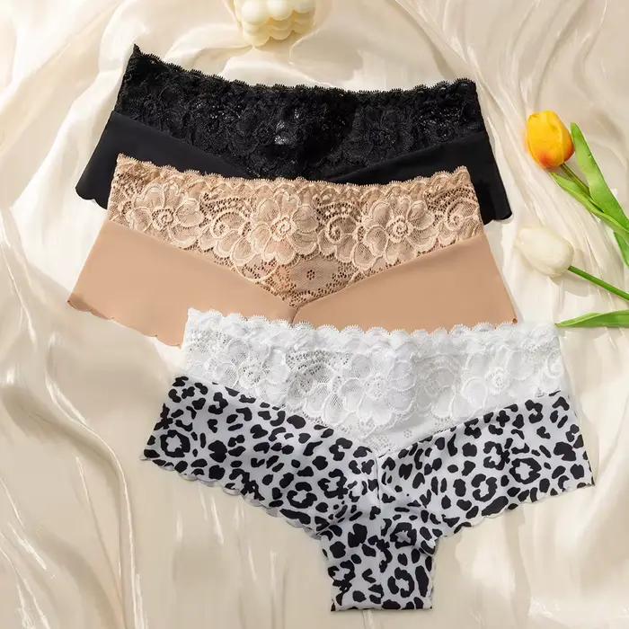 Culotte en dentelle léopard pour femme, sous-vêtement sexy, couleur unie, 3 pièces