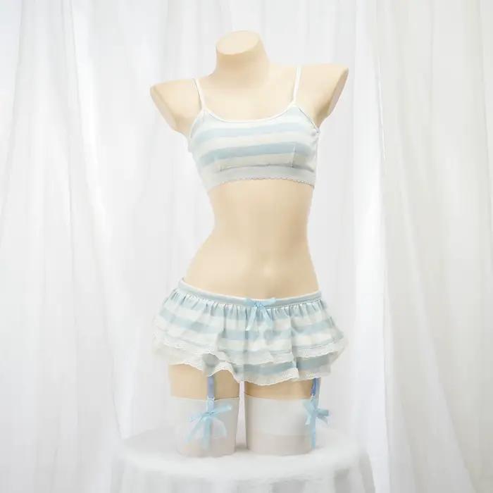 100% coton bleu rose et blanc rayure femmes fille jarretière culotte Mini jupe Anime Cosplay mignon