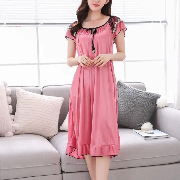 Robe de nuit longue à manches courtes et col en V pour femmes