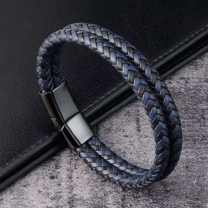 Bracelet en cuir véritable tressé noir et bleu pour hommes, Double bande