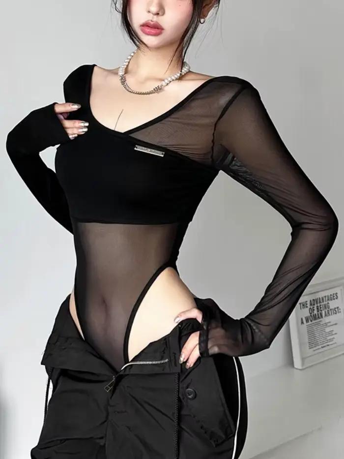 Body transparent noir, Lingerie Sexy à manches longues
