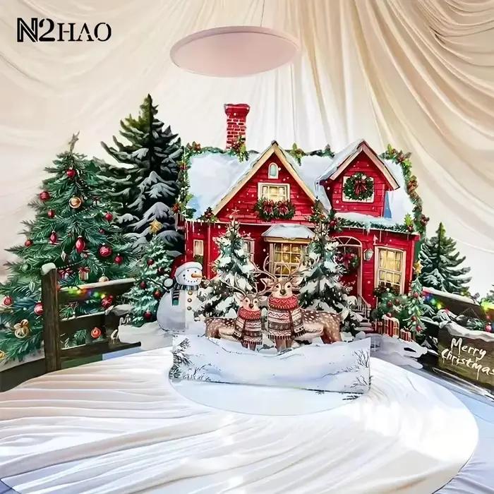 Carte de noël 3D, scène de nuit avant noël avec père noël, renne, Village enneigé, carte de vœux de vacances Festive