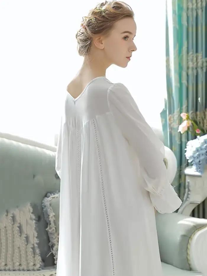 Femmes pur coton volants col en v Vintage chemise de nuit Robe longue