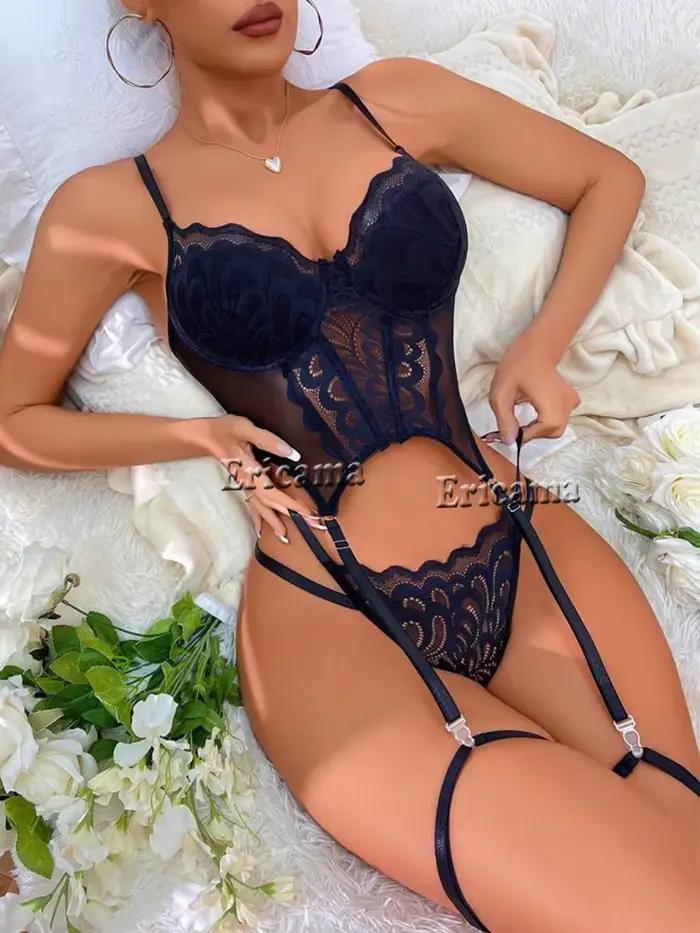 Ensemble de Lingerie jarretelles en dentelle florale avec tour de cou pour femmes