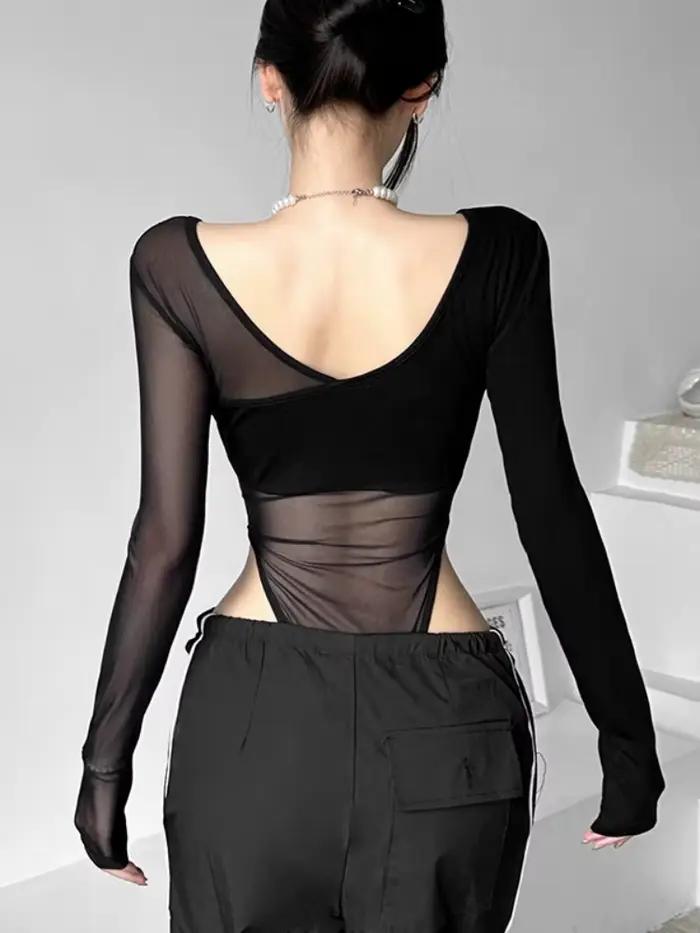 Body transparent noir, Lingerie Sexy à manches longues